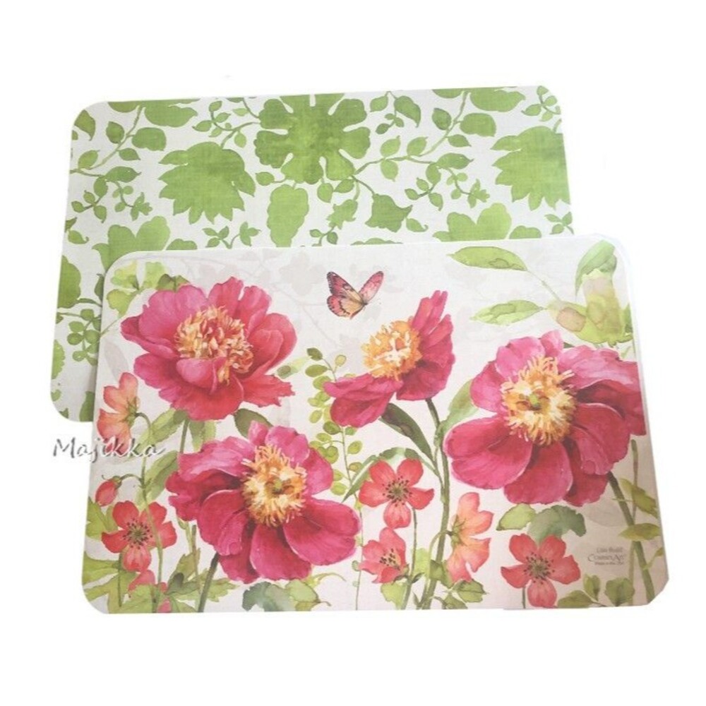 CounterArt Pink Floral Garden Placemats Set of 4 Vinyl Double Sided 17x11"